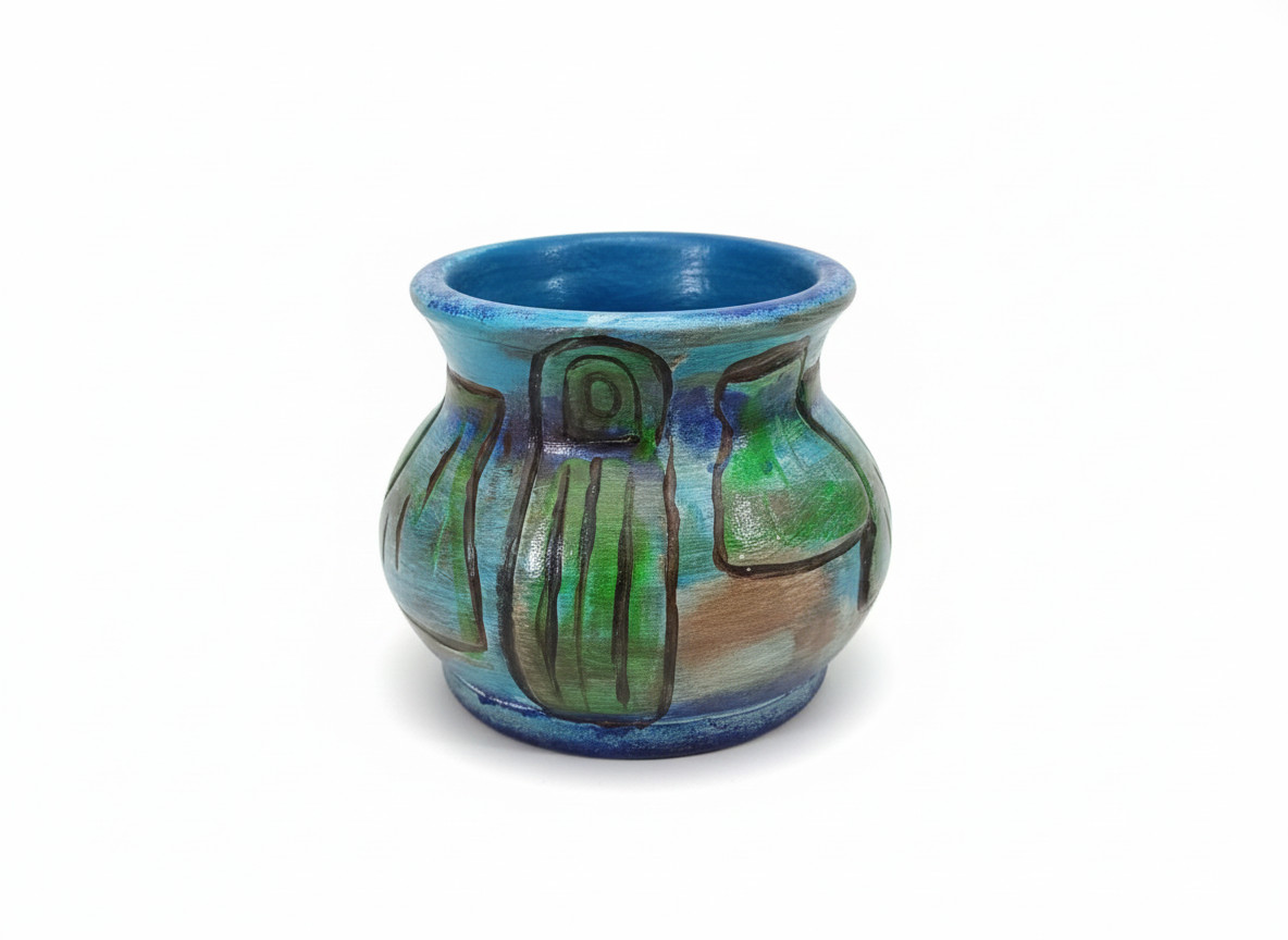 Handmade Artisan Vase OOAK 2010 Hand Painted Abstract Blue Green Pottery