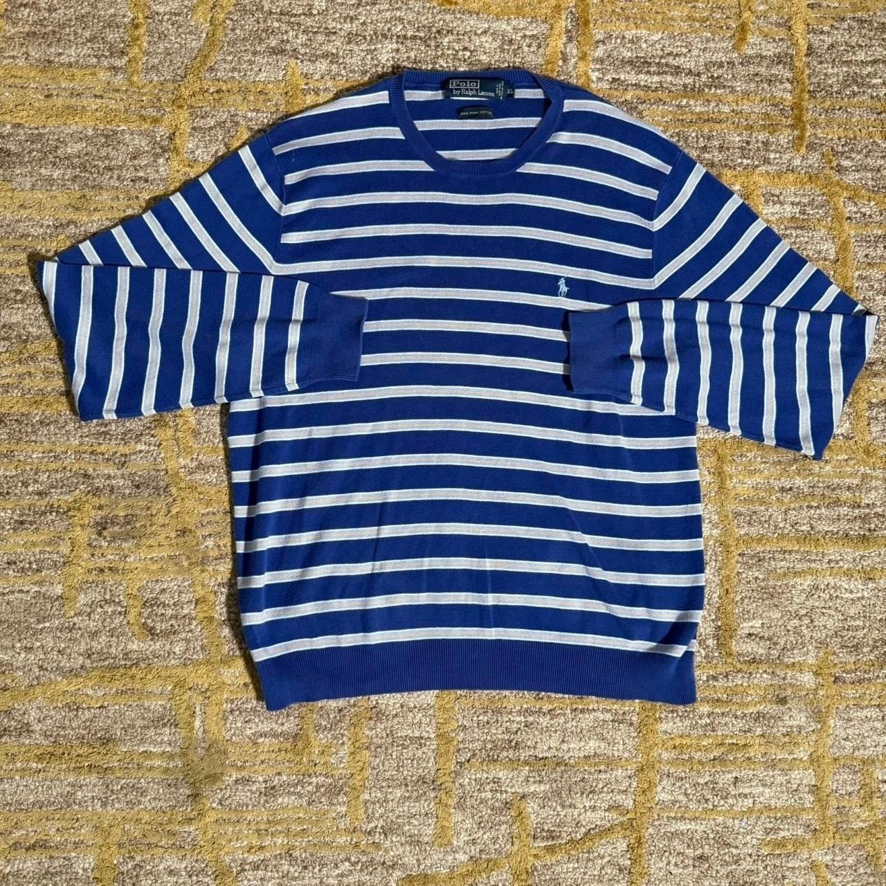 Vintage Polo Ralph Lauren Striped Pima Cotton Knit Sweater Blue