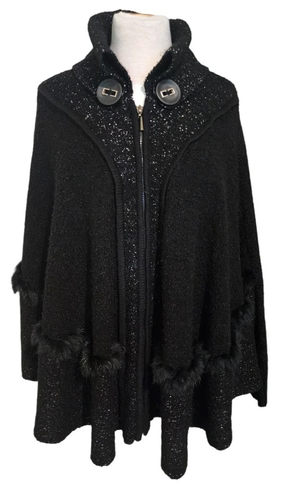 Alexa's Black Sparkly Knit Zip Up Poncho Cape Jacket Faux Fur Trim Women's L
