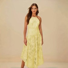 NWOT Farm Rio Embroidered Eyelet A-Line Asymmetry Beads Midi Dress Size M Cotton