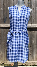 Carribean Joe Sleeveless Shirt Dress Blue White Check Gauze Button Front~S