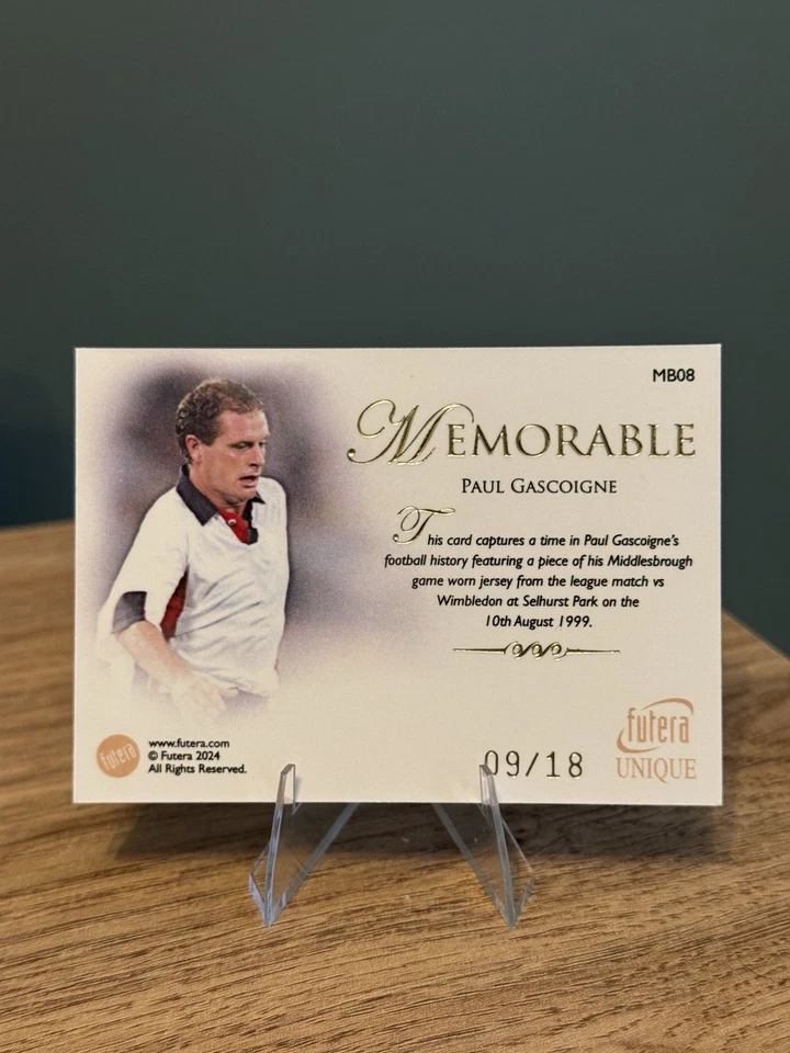 Paul Gascoigne Memorable Game Worn Patch /18 Futera 2024 England Middlesbrough - Image 2 of 2