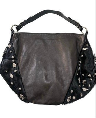 Berge NWOT Black Leather Calfhair Hobo Shoulder Bag Charms Rhinestone Italy New