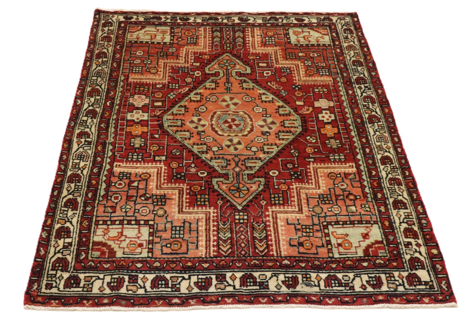 Hamadan Teppich 206x132 cm Handgeknüpfter Wollteppich Rot Orange Rugeast