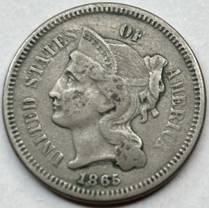 1865 Three-Cent Nickel Coin - Choice Fine/Very Fine