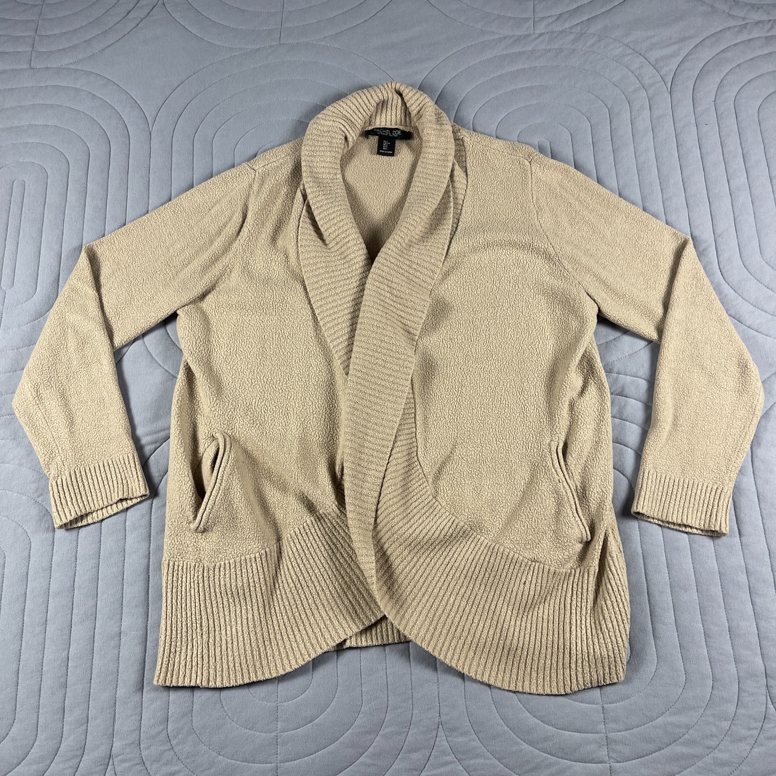 Rachel Zoe Women's Open Front Cocoon Chenille Cardigan Womens L Beige Soft Cozy