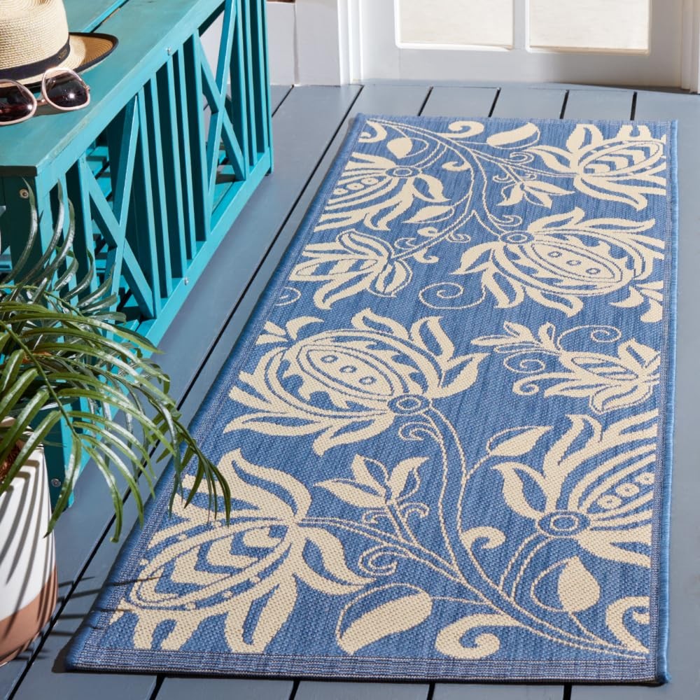 Courtyard Collection Floral Runner Rug 2x6 in Blue and Natural