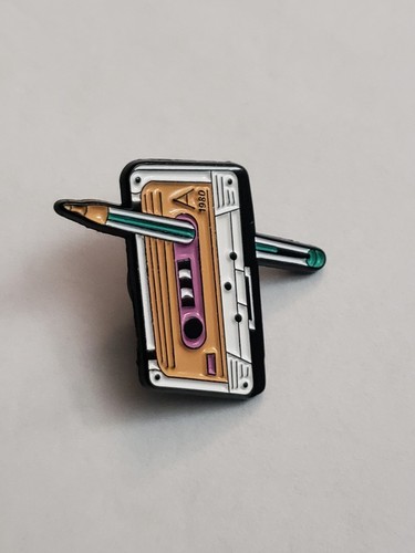 80s Retro Tape Cassette Winding In With Pencil Shaped Metal Enamel Lapel Hat Pin - Picture 2 of 7