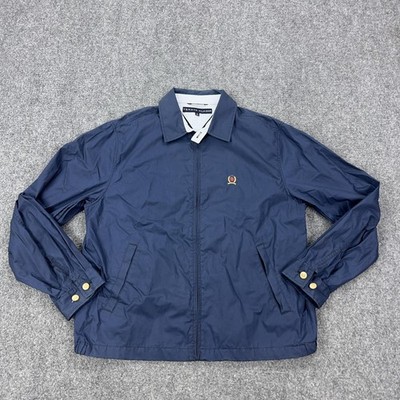 Tommy Hilfiger Jacket Mens Medium Blue Canvas Windbreaker Crest Logo Lined