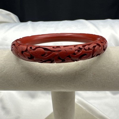  70 Hand Carved Red Cinnabar Bangle Bracelet. 10.5  / 8  circumference. See pics
