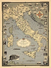 Early Pictorial Map Italy with Vatican City Historical Sites Wall Art Poster