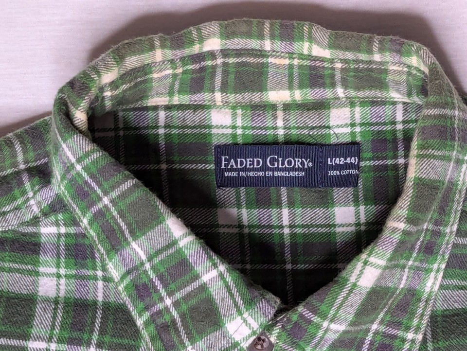 Faded Glory Mens Large Green, White Flannel Button Up Shirt Long Sleeve