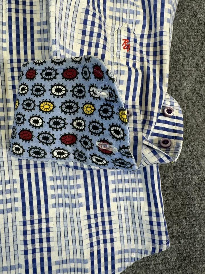 Camisa Robert Graham Para Hombres 2XL Azul A Cuadros Abotonada Puños Abatibles Algodón Comodidad Foto 2 de 4