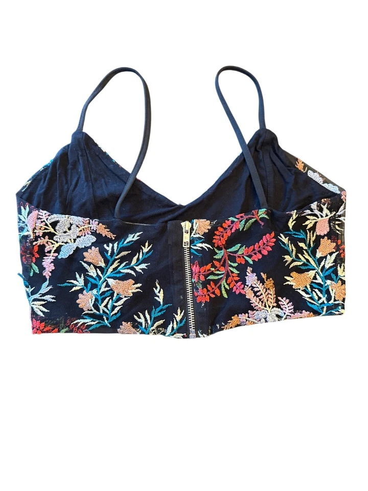 Black Floral Embroidered Crop Top With Zipper Closure & Spaghetti Straps - Image 2 of 4