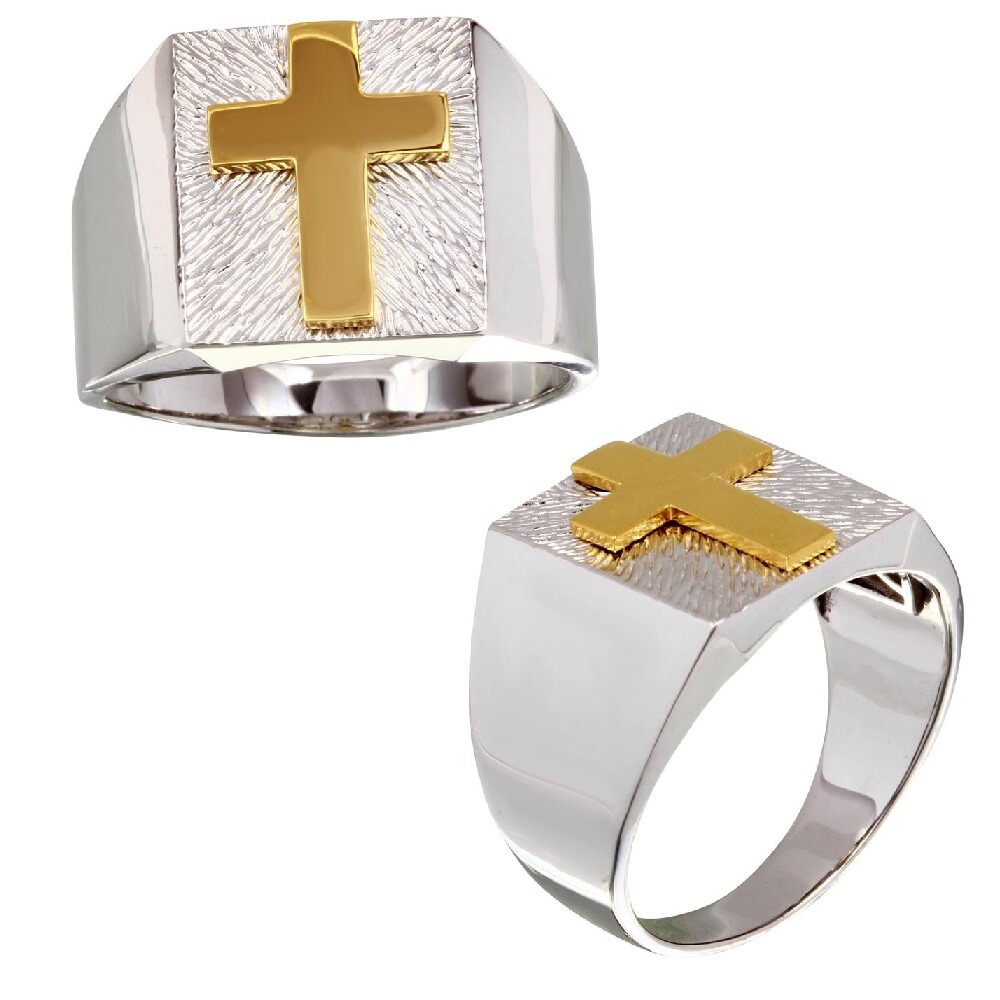 Men's Sterling Silver Ring w/ Yellow Gold Plated Cross | eBay