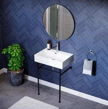 Swiss Madison Console Sink 24" Claire Rectangular Glossy White Basin Black Legs