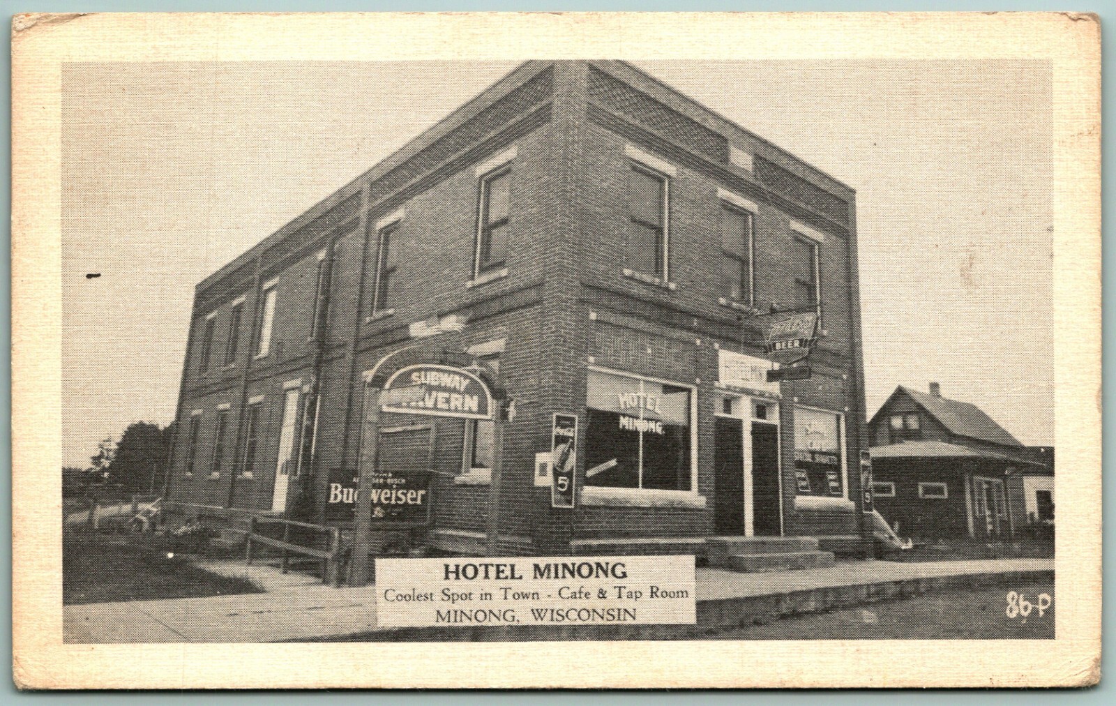 Hotel Minong & Taproom Budweiser Sign Minong Wisconsin WI 1946 Postcard