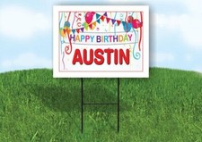 AUSTIN HAPPY BIRTHDAY BALLOONS 18 in x 24 in Yard Sign Road Sign with Stand