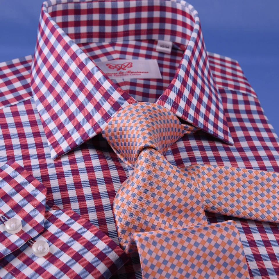 Camisa de vestir de negocios formal a cuadros atractiva azul y rosa tela de algodón egipcio Foto 3 de 4