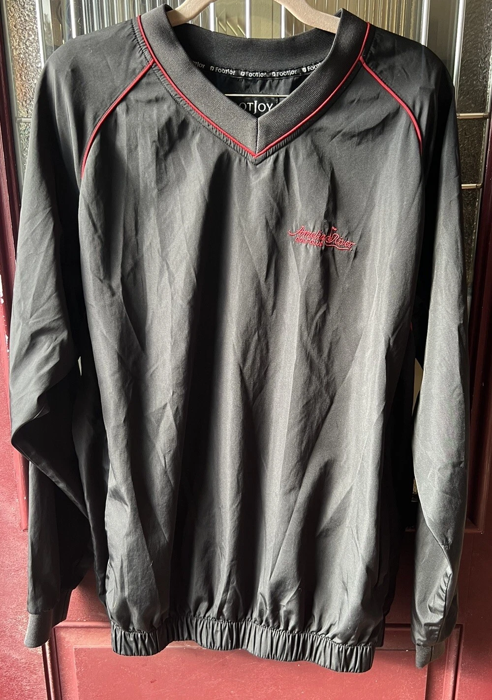 Footjoy Mens Medium V-Neck Windbreaker Golf Shirt Black Red Amelia River Pockets