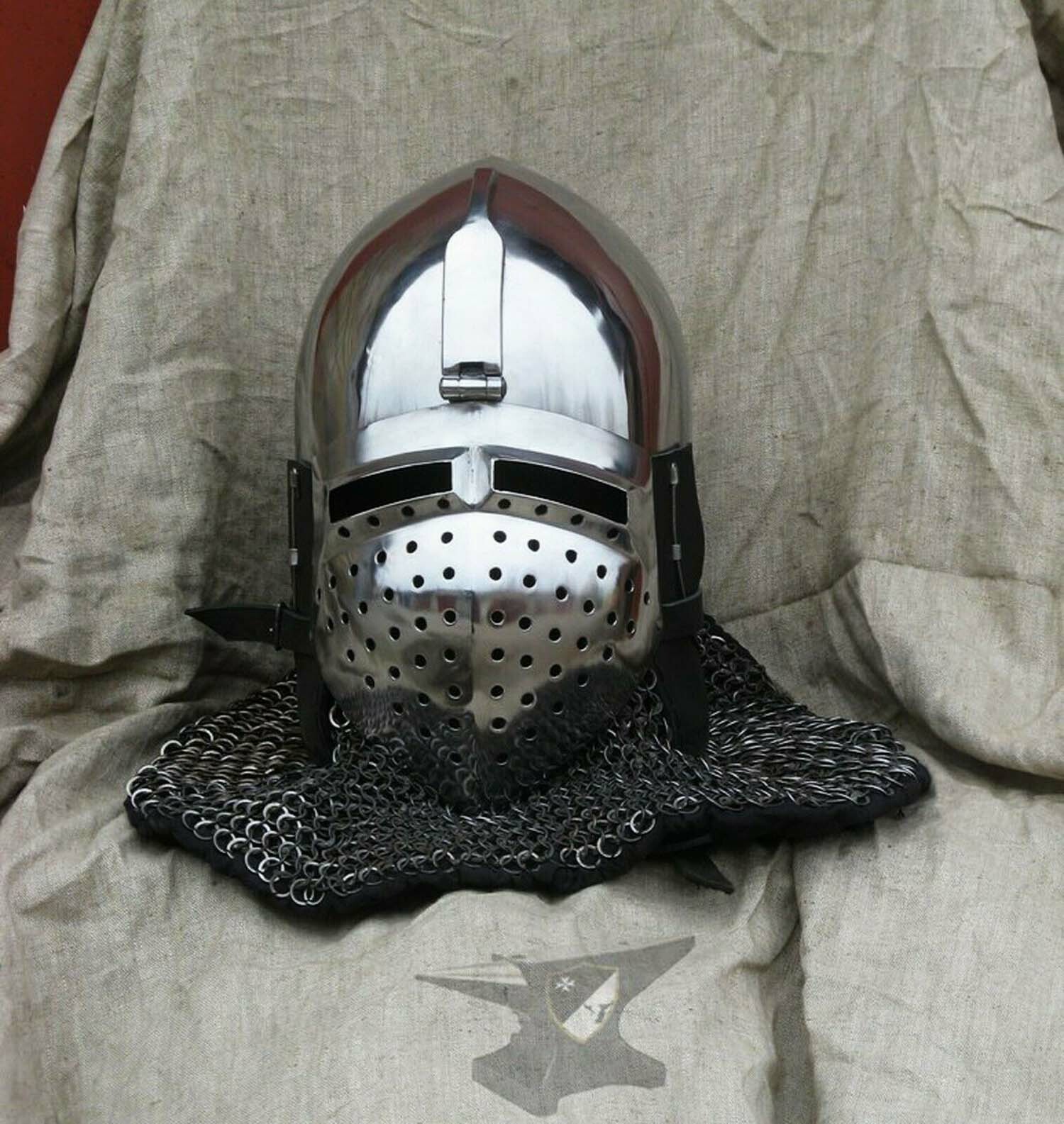 Custom SCA 18-Gauge Steel Medieval Pig-Faced Bascinet Combat Helmet IM