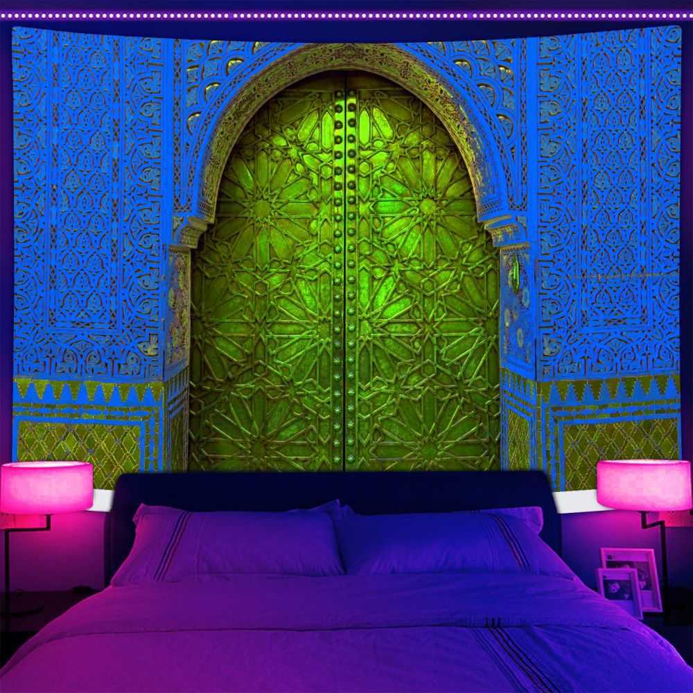 Póster de arte de pared puerta árabe medieval tapiz de luz negra reactivo UV colgante de pared