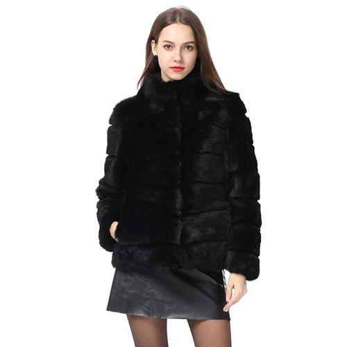 Abrigo de piel de conejo cuello alto chaqueta nuevo invierno mujer moda - Imagen 4 de 10