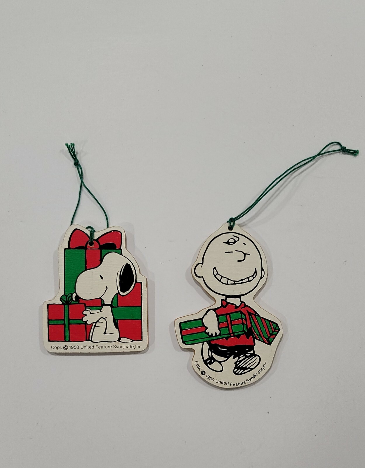 Vintage 1958 Snoopy and 1950 Charlie Brown Wooden Christmas Ornament with Rear Design