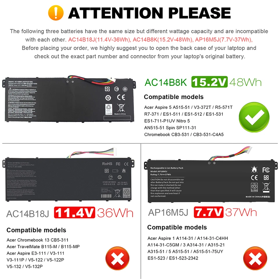 💖LOTE DE BATERÍA AC14B8K para Acer Chromebook CB5-311 CB3-531 CB5-571 4ICP5/57/80 Foto 2 de 4
