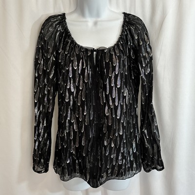 White House Black Market Blouse Top Womens XS Metallic Teardrop Jacquard Silk