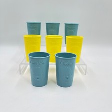 Lot of 8 Vintage Gerber Baby Drinking Cups Raised Face - Blue Yellow Plastic 3"