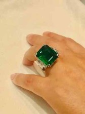 Art Deco Style Lab Created Diamond Emerald Anniversary 14K White Gold FN Ring
