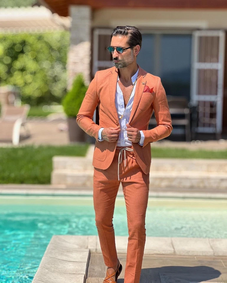 Trajes de lino naranja para hombre verano ropa causal playa boda novio graduación esmoquin Foto 2 de 4