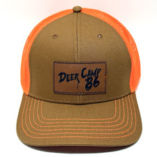 Deer Camp ’86 Orange Mesh Trucker Hat Snapback Cap Brown and Hunter Orange