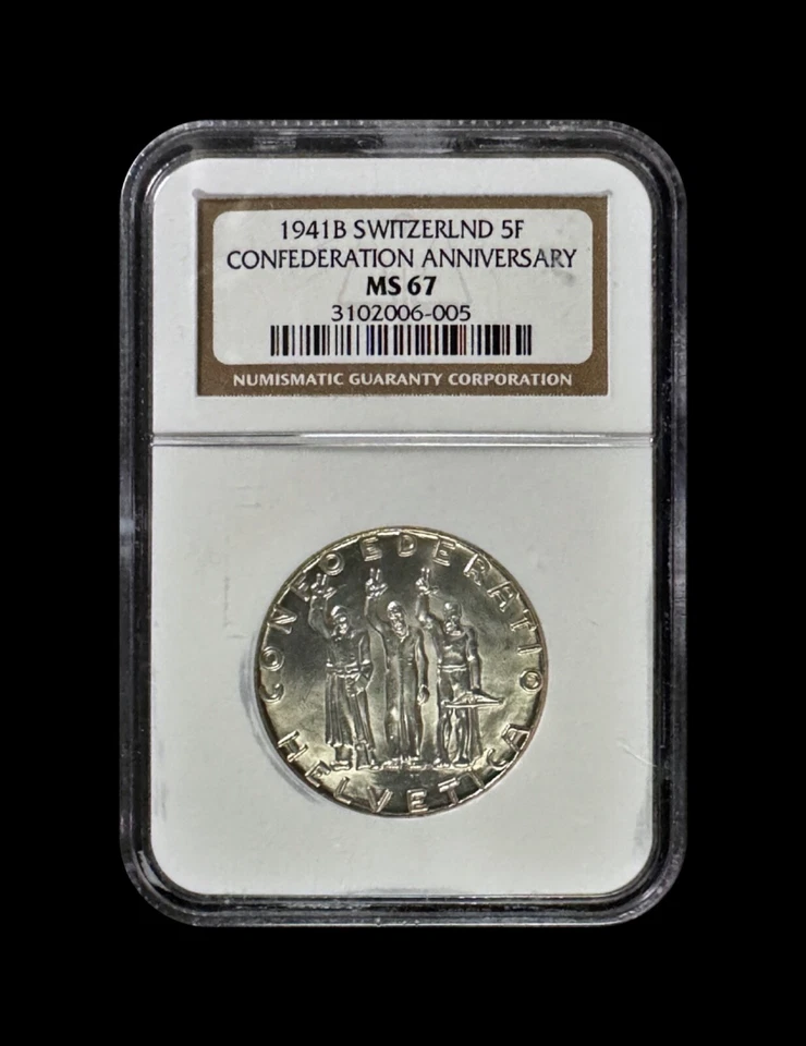 SWITZERLAND. 1941, 5 Francs, Silver - NGC MS67 - Confederation Anniversary b - Image 2 of 4