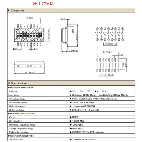 Interruptor DIP - Paso de 2,54/1,27 mm - Pin chapado en oro Montaje PCB de 1/2/4/6/8 posiciones - Imagen 6 de 6