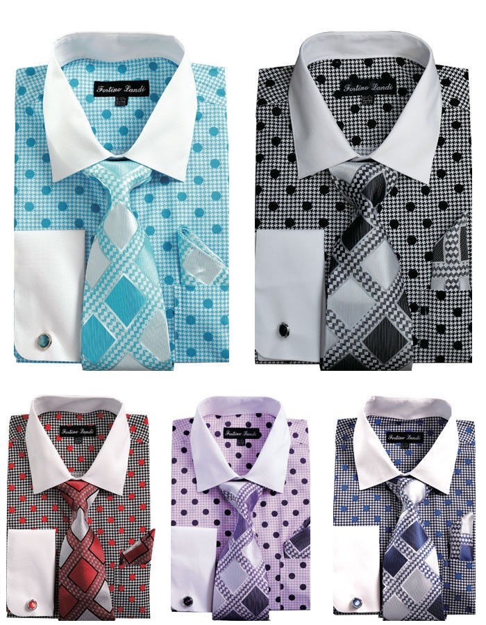 Men's Polka Dots French Cuff Dress Shirt w/ Tie, Hanky