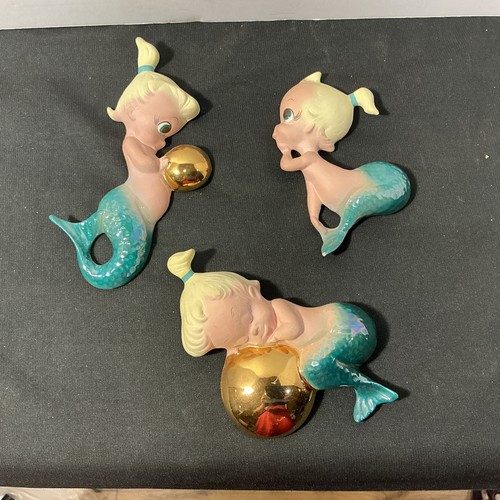 Vintage Freeman McFarlin Mermaid's And Bubbles Wall Hanging Plaques From 50's