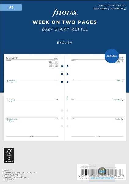 Filofax 2027 A5 Diary - Week On Two Pages - Classic Refill - 68522