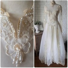 Vtg 80s 90s Beaded Organza High Neck Wedding Gown, S/4, Candlelit Ivory