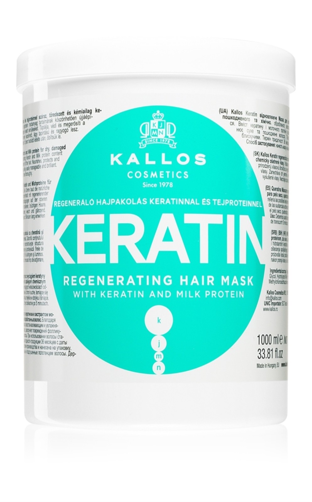 Kallos KJMN Keratin Regenerating Hair Mask 1000ml , For Dry, Damaged Hair