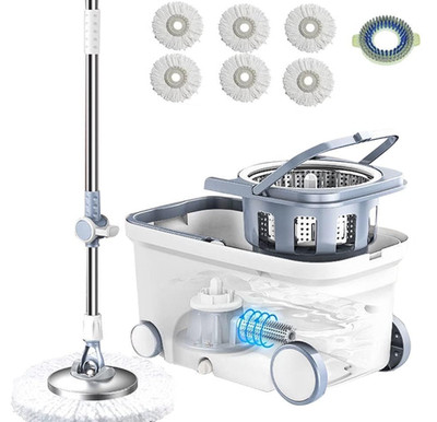 Mopa giratoria 360 con cubo, 6 repuestos de microfibra y mango extensible 62''