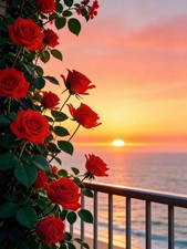 Red Roses Ocean Sunset Diamond Painting Kit Full Drill 5D DIY Wall Decor