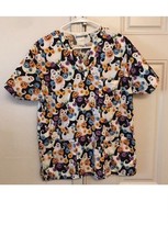 Peaches Womens Scrub Top  M  Halloween  Ghosts Pumpkins Bats  Cotton