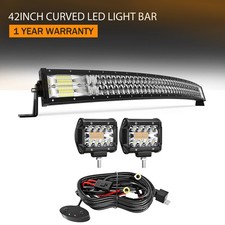 LED Light Bar 42" Curved 240W 5D w/ 4 Inch 60W LED Pods Wiring Harness for Truck