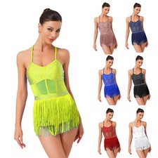 Womens Dancewear Mesh Bodysuit Figure Skating Dress Gymnastics Tango Rhythmic