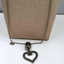 Vintage Y2K Silver Tone Heart Pendant Necklace Earrings Set Glass Bead Dangle