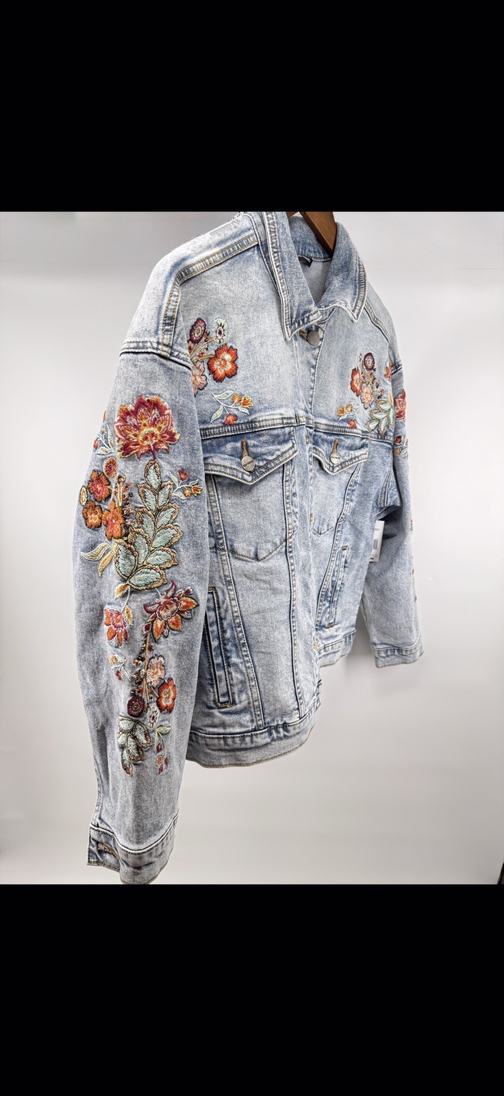 Driftwood Women's Embroidered Jean Jacket Floral Large, Ligh