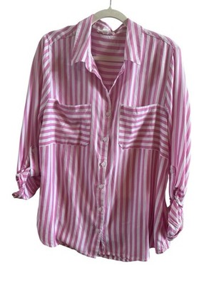 BeachLunchLounge Woman s Pink White Striped XL Button Down Shirt Roll Tab Sleeve