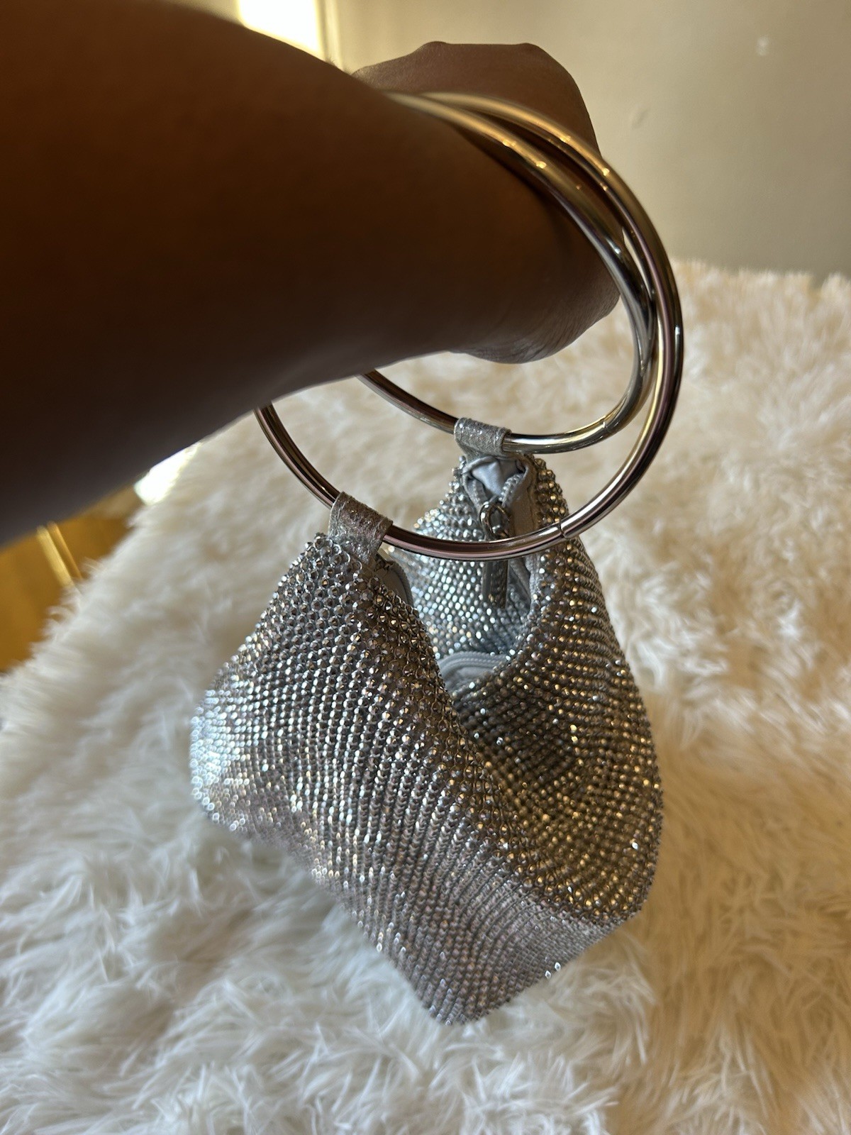 Jessica McClintock Silver Rhinestone Ring Handle Women's Clutch Wrist Strap
